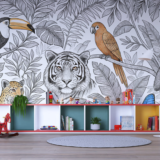 Une chambre d'enfant avec un papier peint illustrant des animaux exotiques, dont un tigre majestueux, des feuilles tropicales et des oiseaux colorés, créant une ambiance ludique et vibrante.