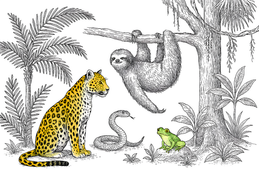 Papier peint jungle animalière Animaux tropicaux et feuillage luxuriant