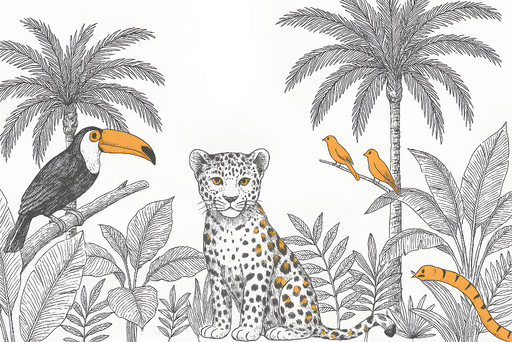 Papier peint jungle animalière Léopard au milieu de la nature tropicale avec toucan et oiseaux jaunes