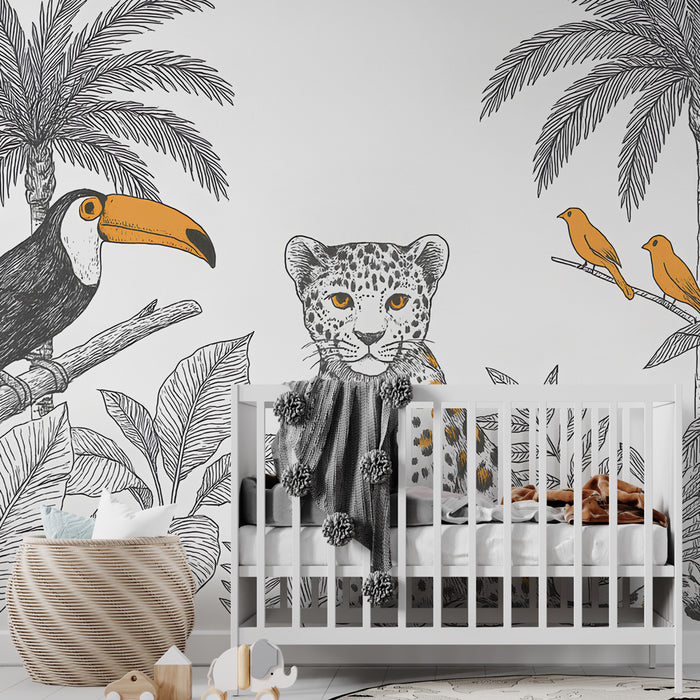 Une chambre d'enfant avec un papier peint illustré représentant un léopard, un toucan et des oiseaux jaunes sur fond blanc, créant une ambiance ludique et exotique.
