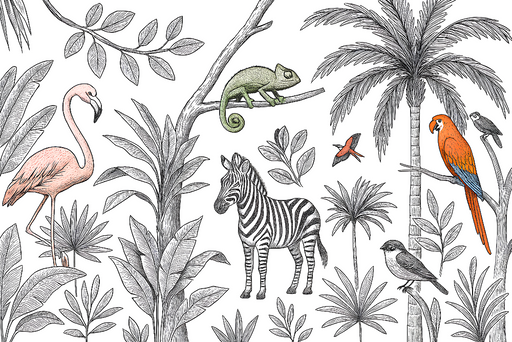 Papier peint jungle animalière Motif de faune et flore coloré avec flamant, zèbre et perroquet