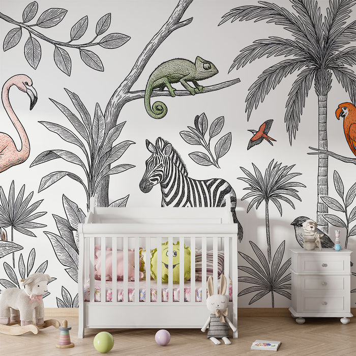 Une chambre d'enfant avec un papier peint tropical illustrant des animaux exotiques comme un flamant rose et un caméléon, créant une ambiance ludique et vivante.