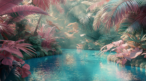 Papier peint jungle apaisante Rivière turquoise et feuillage luxuriant