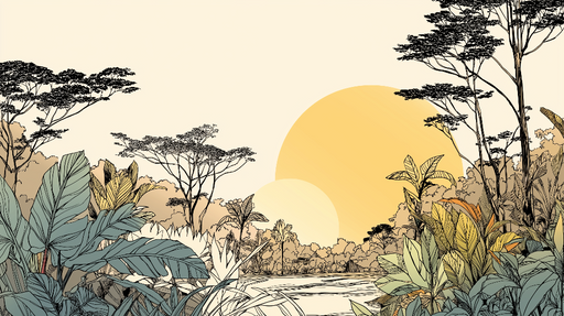 Papier peint jungle au coucher de soleil Végétation riche avec soleil doré