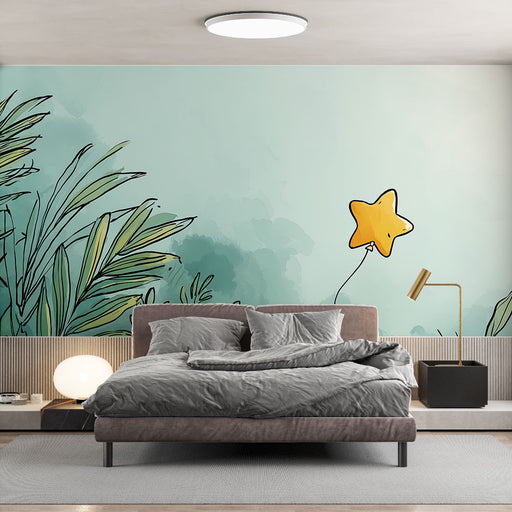 Une chambre moderne avec un papier peint illustratif représentant des feuilles vertes et une étoile jaune, créant une ambiance ludique et apaisante.