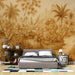 Une chambre moderne avec un papier peint mural représentant un paysage tropical aux teintes brunes, créant une atmosphère chaleureuse et apaisante.