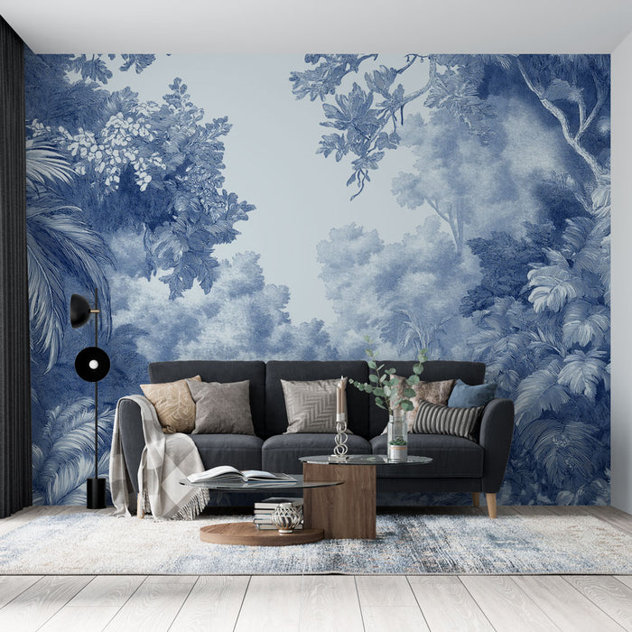 Papier peint jungle bleue | Richesse des feuillages et motifs exotiques