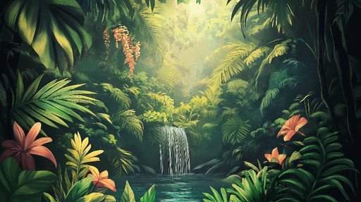 Papier peint jungle Cascade et feuillage luxuriant dans une ambiance tropicale