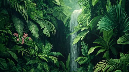 Papier peint jungle Cascade verdoyante entre des feuillages luxuriants