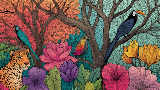 Papier peint jungle coloré Animaux et fleurs exotiques dans une forêt e