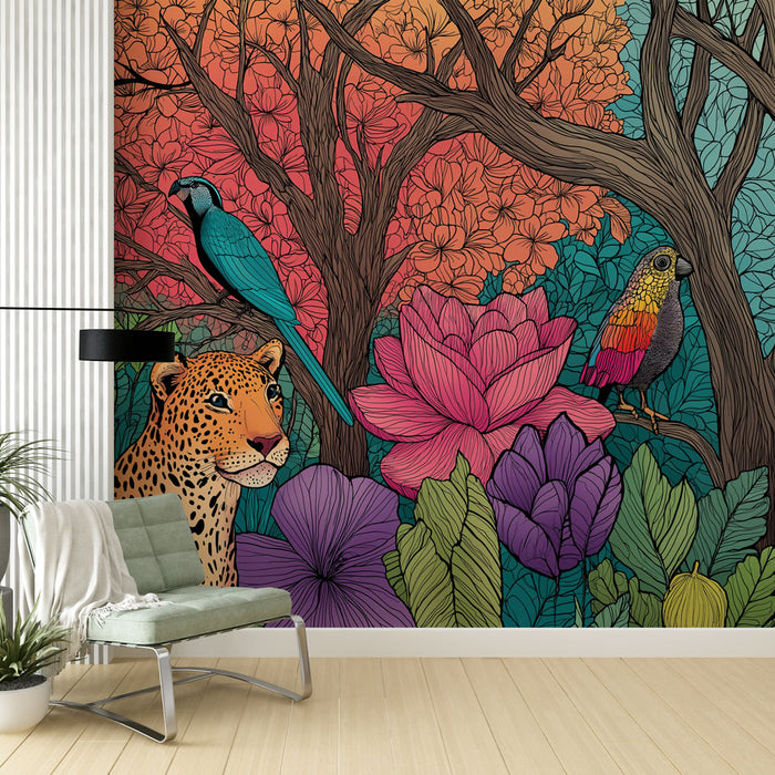 Une pièce moderne avec un papier peint tropical vibrant représentant un léopard, des oiseaux colorés et de grandes fleurs, créant une ambiance exotique et vivante.