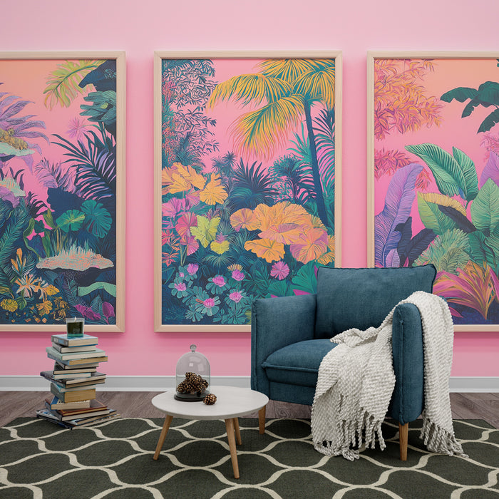 Une pièce moderne avec un papier peint tropical aux couleurs vives représentant une végétation luxuriante sur fond rose, créant une atmosphère joyeuse et accueillante.