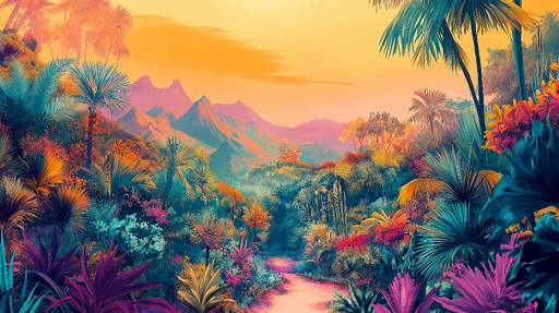 Papier peint jungle colorée Paysage tropical vibrant au coucher du soleil