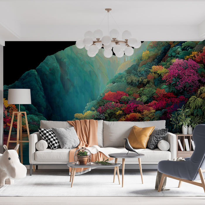Une pièce de vie moderne avec un papier peint représentant une végétation luxuriante aux teintes vibrantes de vert et de rose, créant une atmosphère apaisante et immersive.