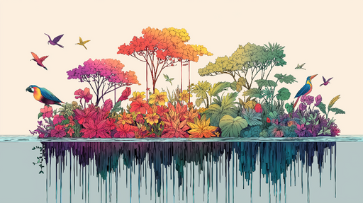 Papier peint jungle colorée Un paysage tropical luxuriant avec des oiseaux
