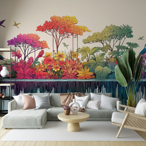 Un salon moderne avec un papier peint tropical vibrant représentant des fleurs et des arbres colorés, créant une atmosphère joyeuse et accueillante.