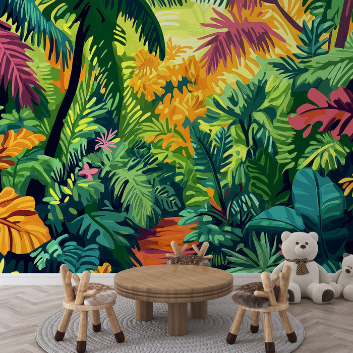 Papier peint jungle colorée | Une illustration vibrante de feuillage tropical