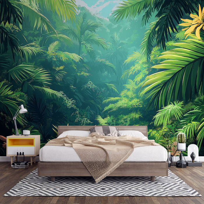 Papier peint jungle | Dense feuillage tropical avec touches florales