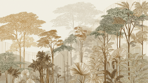Papier peint jungle dorée Élégantes silhouettes d'arbres et feuillages raffinés