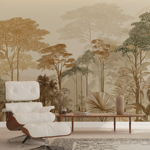 Un salon élégant avec un papier peint représentant une forêt stylisée aux teintes chaudes de beige, brun et vert, créant une atmosphère naturelle et apaisante.