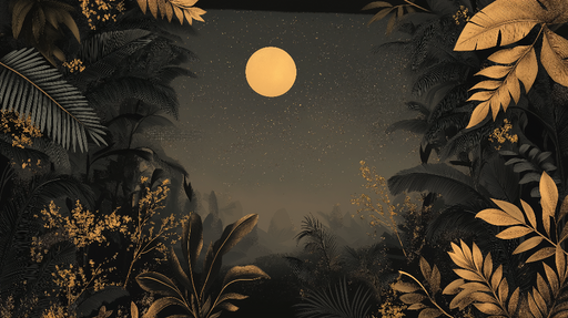 Papier peint jungle dorée Feuillage luxuriant sous une lune éclatante