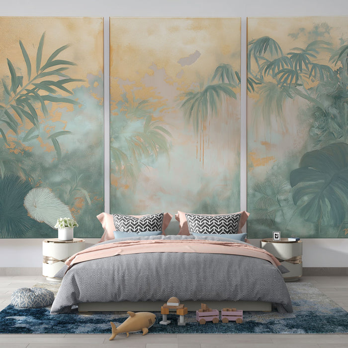 Une chambre moderne avec un papier peint tropical aux teintes douces de vert et or, évoquant une ambiance apaisante et naturelle.