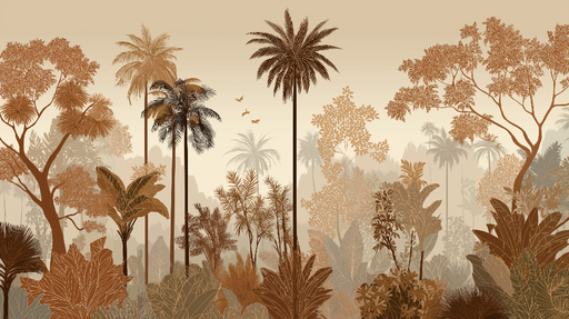 Papier peint jungle dorée Motifs de palmiers et feuillages luxuriants dans des tons chauds