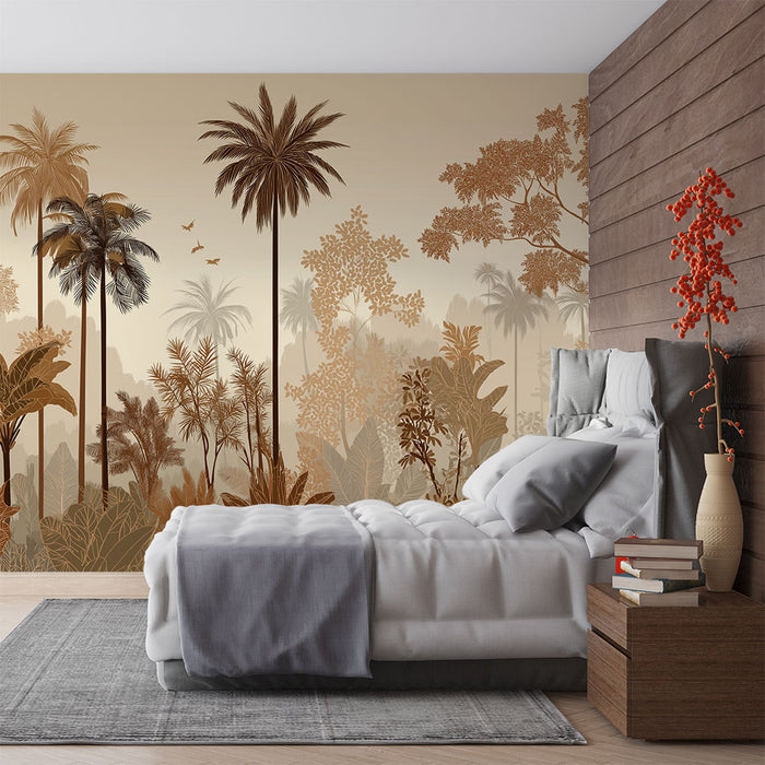 Papier peint jungle dorée | Motifs de palmiers et feuillages luxuriants dans des tons chauds
