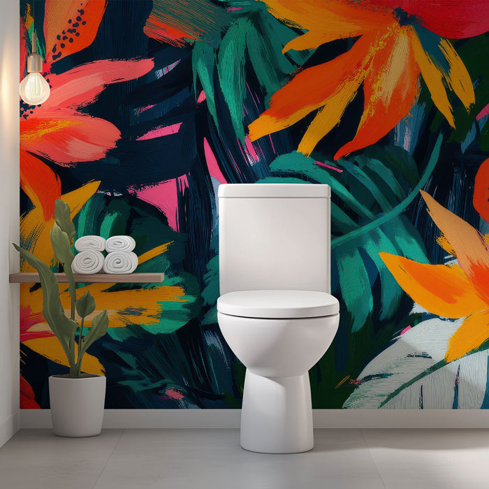 Papier peint toilette | Fleurs vives et feuillage exubérant en peinture expressive