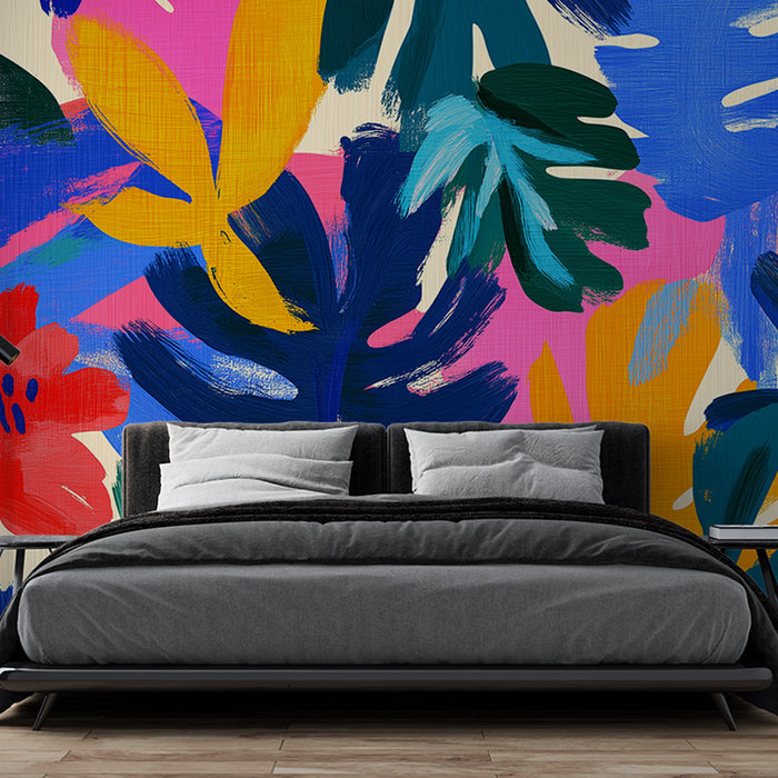 Papier peint jungle coloré avec fleurs peintes à l'huile pour chambre moderne