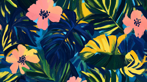 Papier peint jungle et fleurs Tropiques et fleurs rose corail