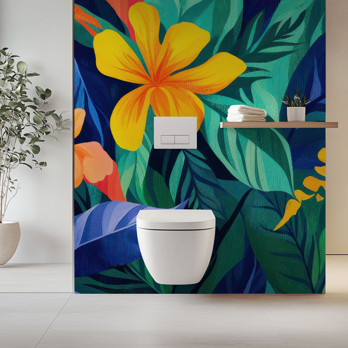 Papier peint toilette | Fleurs tropicales éclatantes et feuillage luxuriant