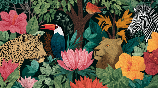 Papier peint jungle exotique Animaux majestueux et floraison e