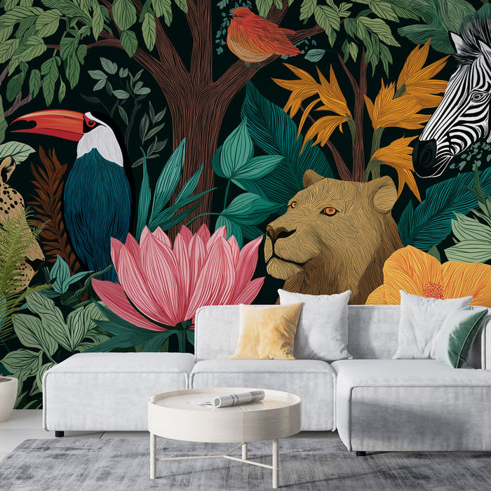 Un salon moderne avec un papier peint tropical riche en couleurs, représentant des animaux sauvages et des fleurs exotiques sur fond noir, créant une ambiance vibrante et chaleureuse.
