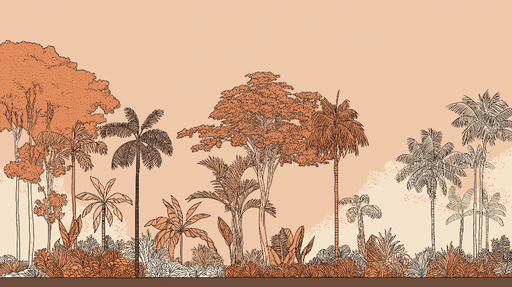 Papier peint jungle exotique Silhouettes de palmiers et feuillage dans des tons chauds