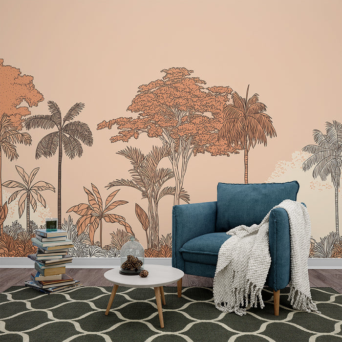 Papier peint jungle exotique | Silhouettes de palmiers et feuillage dans des tons chauds
