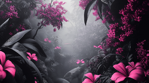 Papier peint jungle florale Fleurs roses vibrantes sur fond sombre