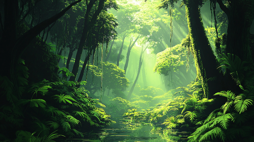 Papier peint jungle Forêt luxuriante avec lumière douce et reflet aquatique