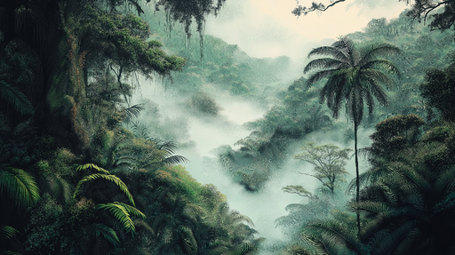 Papier peint jungle Forêt luxuriante enveloppée de brume