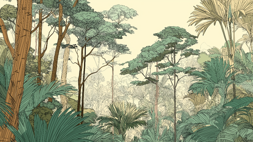 Papier peint jungle Forêt tropicale avec palmiers et arbres élégants