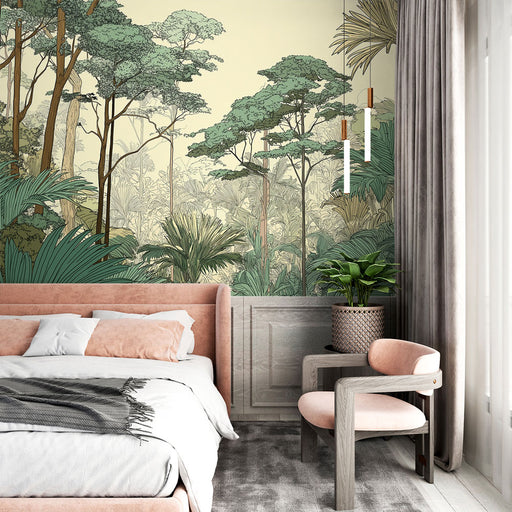 Une chambre moderne avec un papier peint tropical représentant une forêt luxuriante aux teintes vertes et beiges, créant une atmosphère apaisante et naturelle.