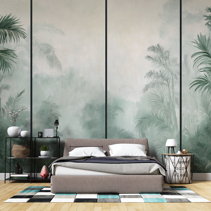 Une chambre apaisante avec un papier peint tropical vert doux représentant des feuillages luxuriants sur un fond nuageux, créant une atmosphère relaxante et naturelle.