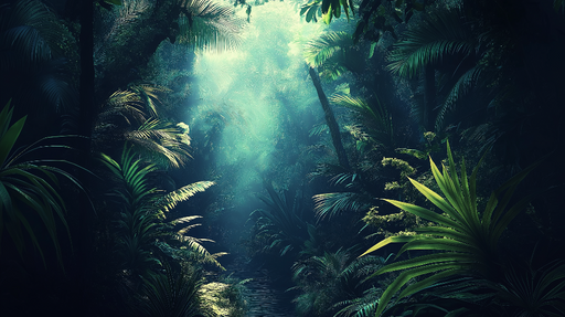 Papier peint jungle Forêt tropicale dense avec lumières mystérieuses