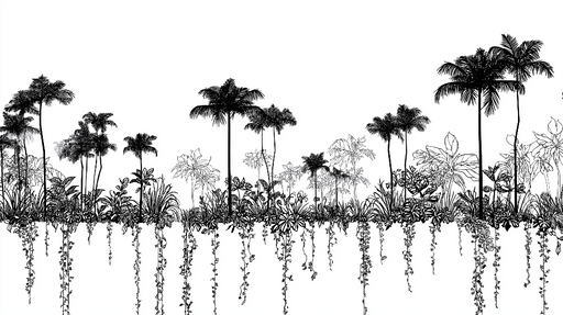 Papier peint jungle graphique Silhouettes de palmiers et plantes luxuriantes en noir et blanc
