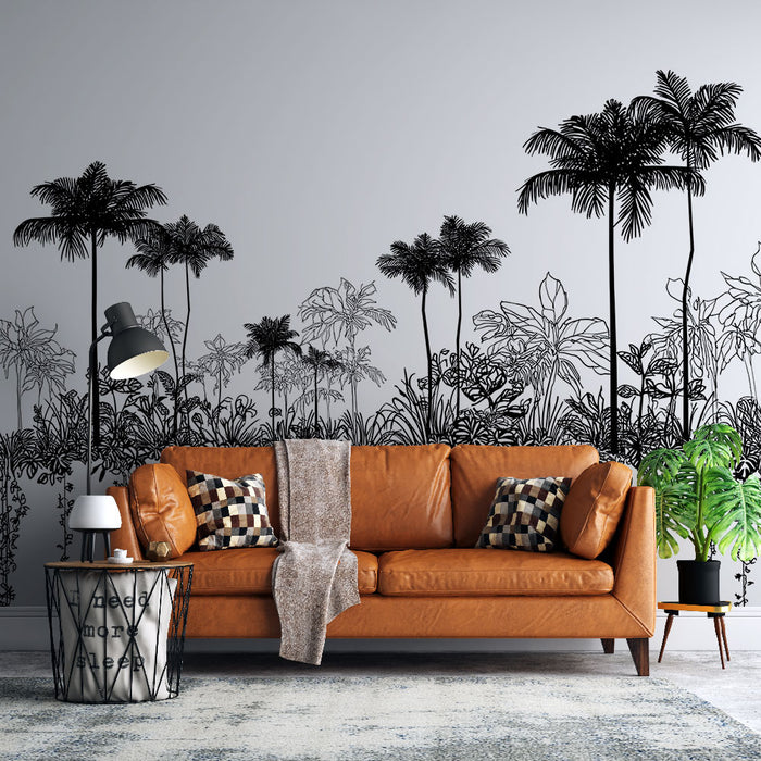 Un salon moderne avec un papier peint noir représentant des silhouettes de palmiers et de feuillages, créant une ambiance tropicale et artistique.