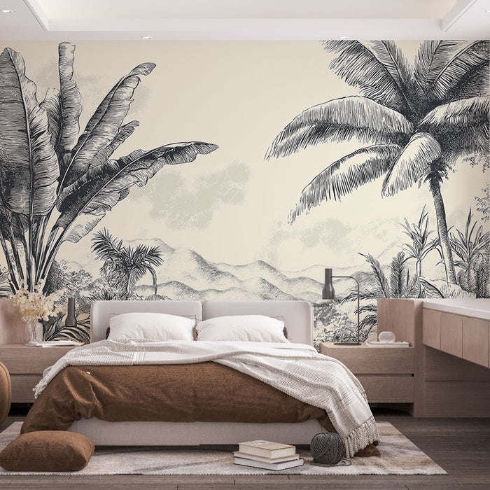 Une chambre moderne avec un papier peint représentant des paysages tropicaux en noir et blanc, créant une atmosphère apaisante et élégante.