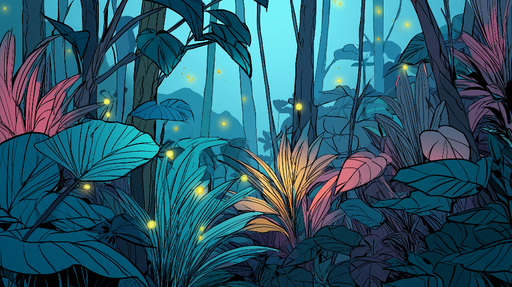 Papier peint jungle luminescente Plantes tropicales aux couleurs éclatantes et ambiance féerique
