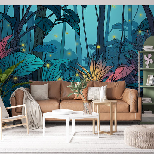 Un salon moderne avec un papier peint tropical aux teintes bleu et vert, représentant une jungle vibrante et lumineuse qui évoque une atmosphère apaisante et exotique.