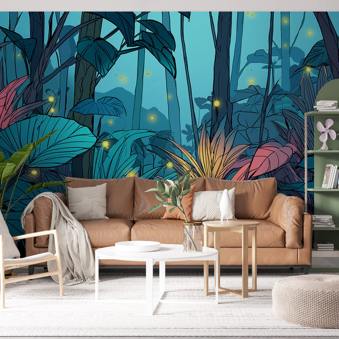 Un salon moderne avec un papier peint tropical aux teintes bleu et vert, représentant une jungle vibrante et lumineuse qui évoque une atmosphère apaisante et exotique.