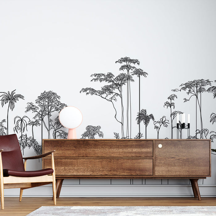 Une pièce moderne avec un papier peint représentant des silhouettes de plantes tropicales en noir sur fond blanc, créant une ambiance artistique et épurée.